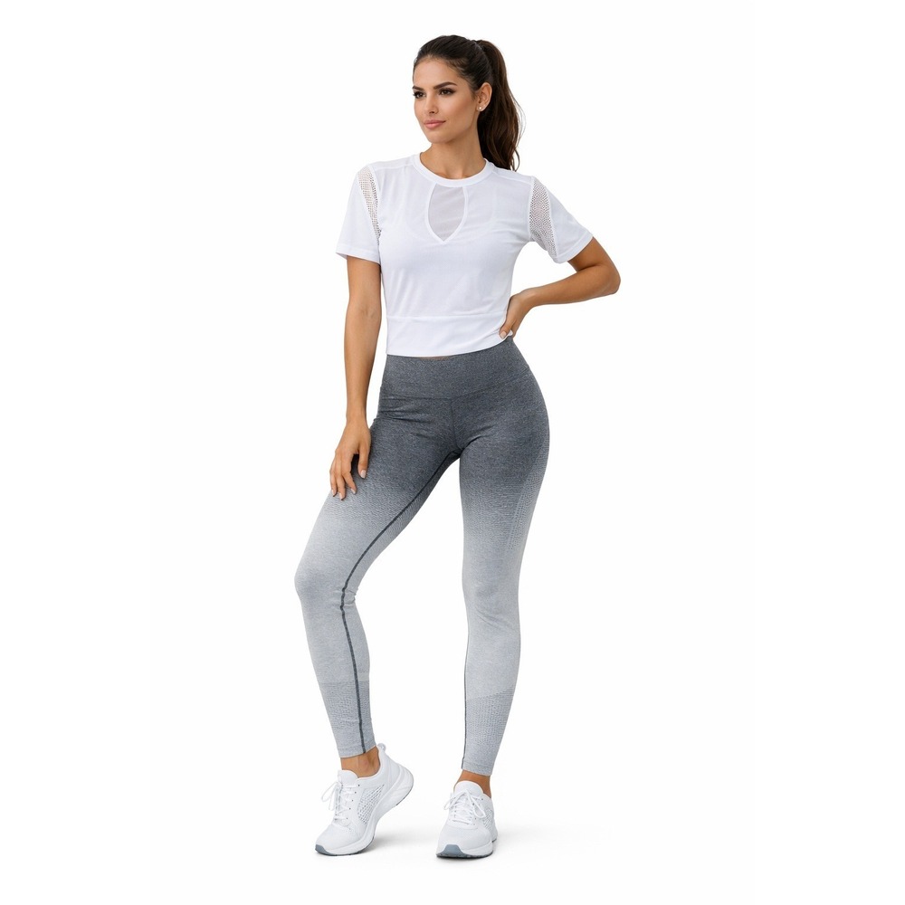 Hayden LA White Mesh Crop Top & Grey Ombré Leggings Set Pilates Gym Athleisure M